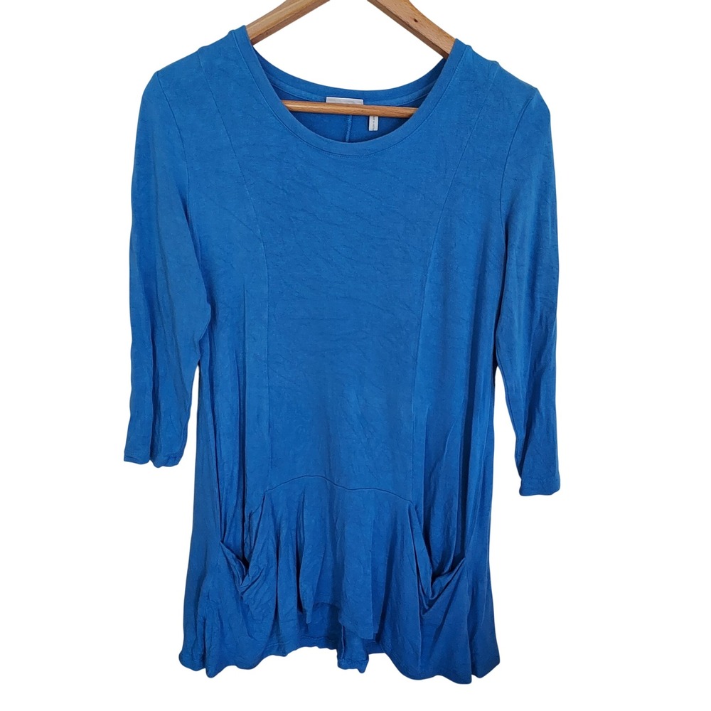LOGO Lori Goldstein Blue 3/4 Sleeve Tunic Top Pockets Comfy Lagenlook Soft Sm
